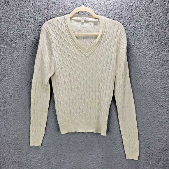 Bobby Jones Woman Cable Knit Sweater Large Ivory V-Neck 100% Cotton - Picture 1 of 11
